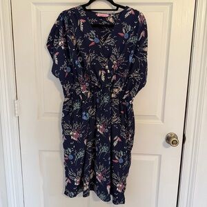 East Adeline 1X Navy Floral Wrap Style Dress Elastic Waist Midi